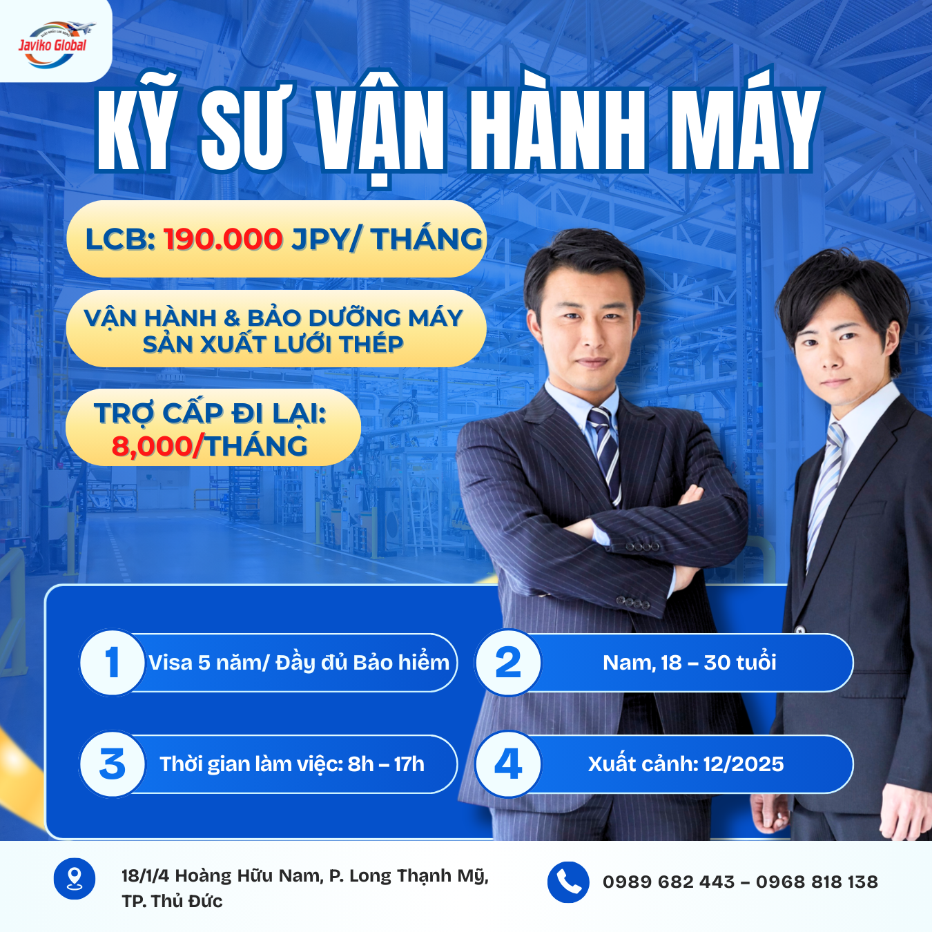Tuyển kỹ sư vận hành máy tại Niigata – Nhật Bản 2025. Lương 190,000 JPY/tháng, làm thêm 30–50h, visa 5 năm. Không yêu cầu tiếng, hỗ trợ trọn gói cùng Javiko Global.